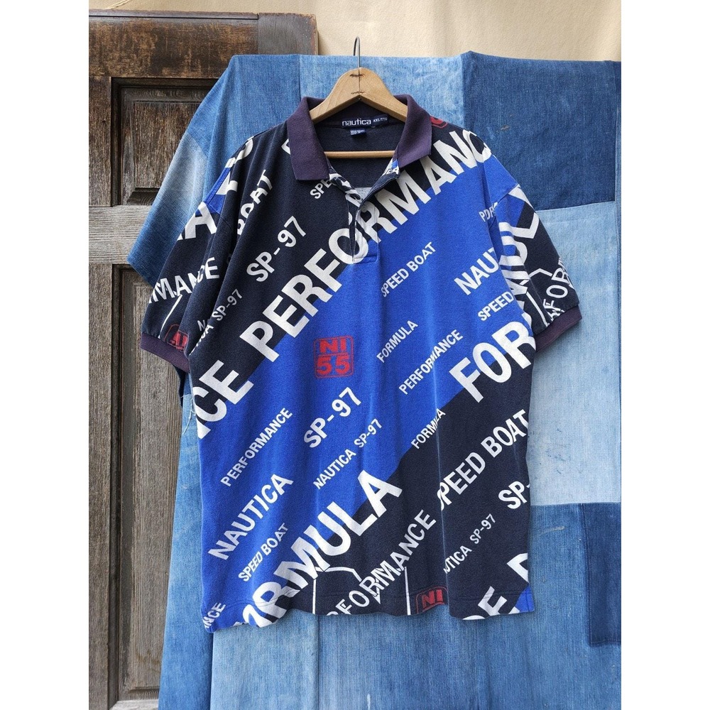 Vintage 90s Nautica SP-97 Speed Boat Polo Shirt AOP Blue XXL